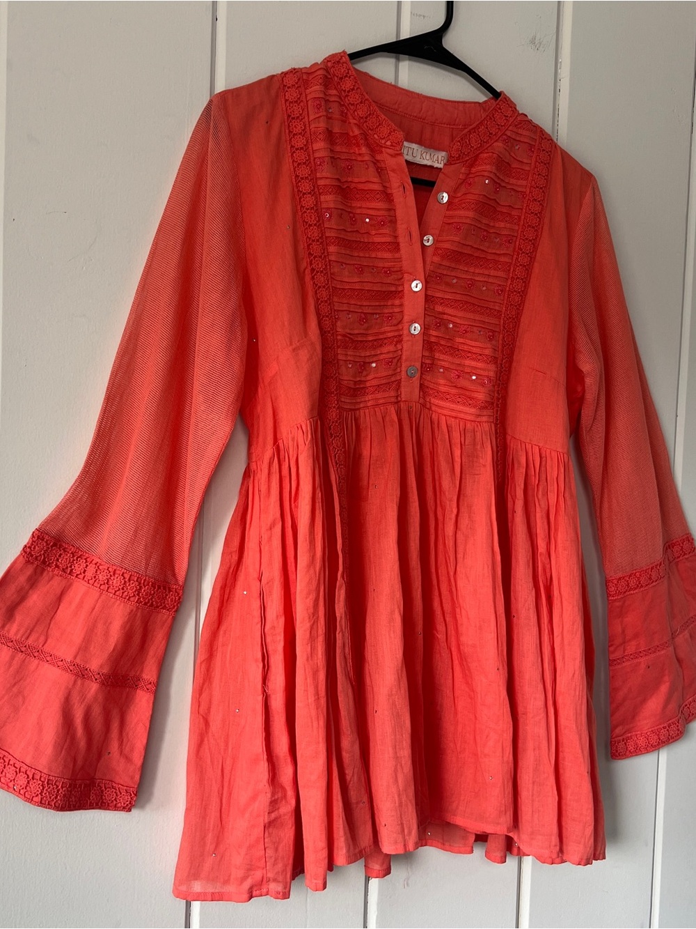 Ritu Kumar Coral Embroidered Cotton Boho Tunic Top Sm